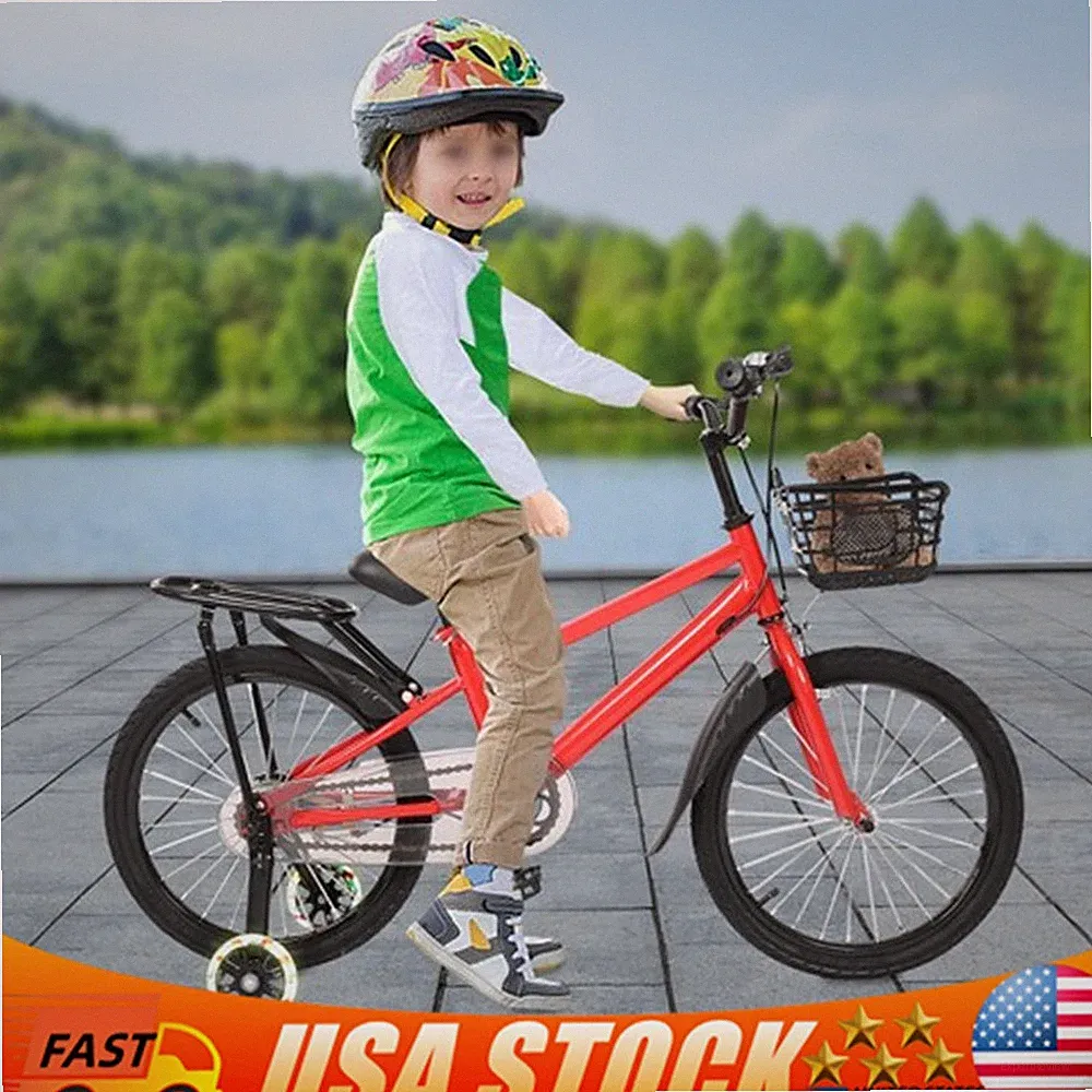 18 Inch Kids Bike For Girls Boys Age 6-8 Years W/training Wheels Adjustable Seat