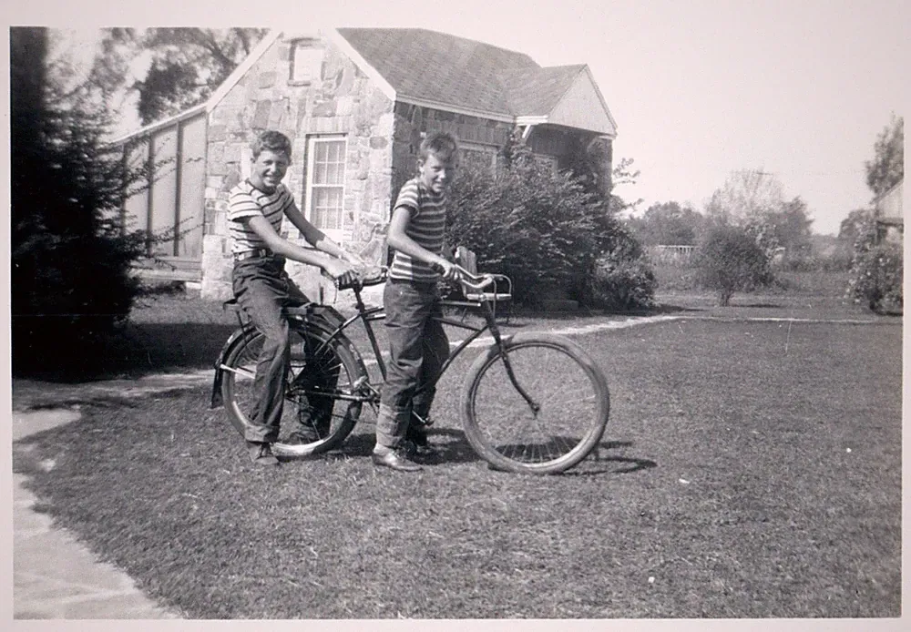 1940s Twin Boys Riding Tandem Bicycle Snapshot Vintage Photo