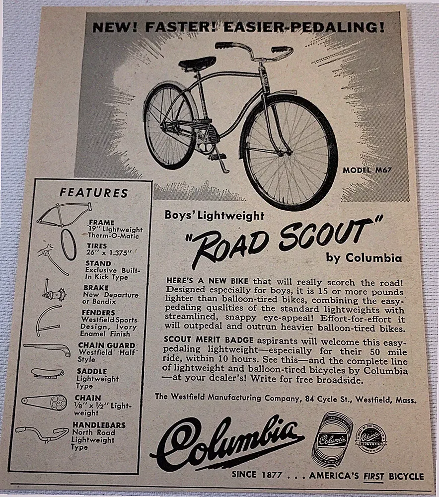 1949 Columbia bicycle ad ~ BOYS LIGHTWEIGHT ROAD SCOUT