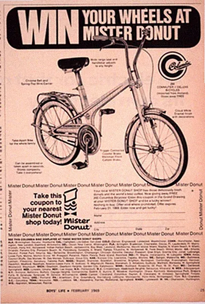 1969 Print Ad Columbia Bike Commuter II Deluxe Bicycle Boys Life Win at Mr Donut
