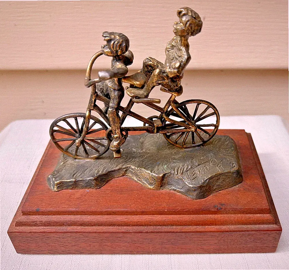 1970 Dan Levin Kinsfolk Series Bronze Metal Sculpture Boys on a Tandem Bicycle