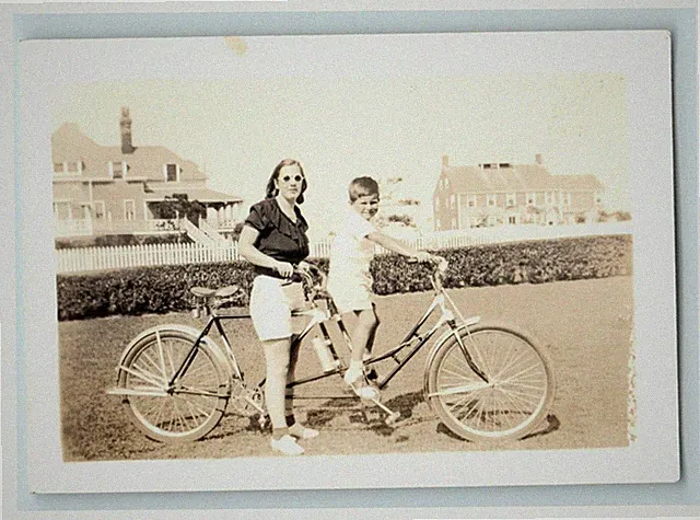 Boy and Mother on Tandem Bicycle Real Photo Snapshot 3.6" x 2.25"