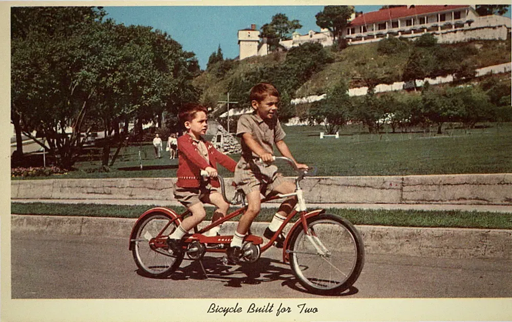 Mackinac Island MI scarce tandem bicycle view young boys 1950s vintage postcard