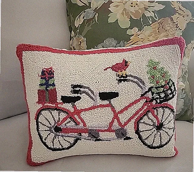 Peking Handicraft Tandem Bicycle Hook Wool Christmas Tree Gift Pillow 18" Velvet