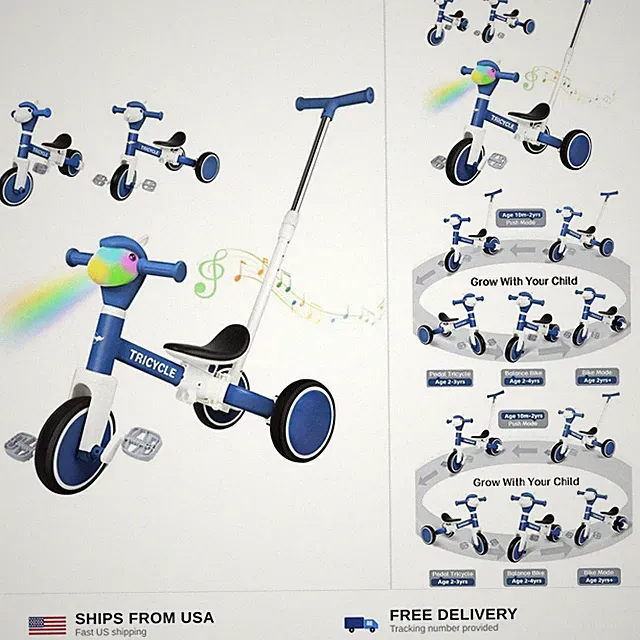 Tricycle for Toddlers 1-3 Year Olds, 5 in 1 Toddler Balance Bike 2-4 Years Ol...