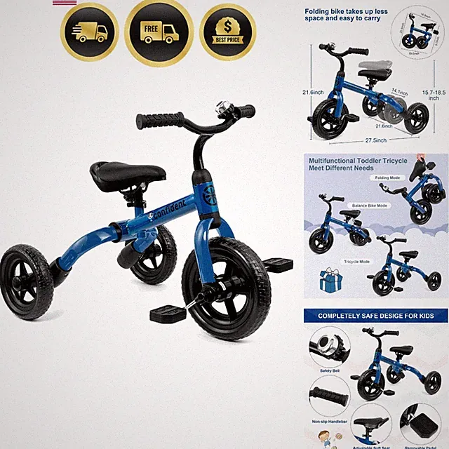 Tricycle for Toddlers Age 2-5 Old, 3 in 1 Folding Toddler Bike for Boys and...