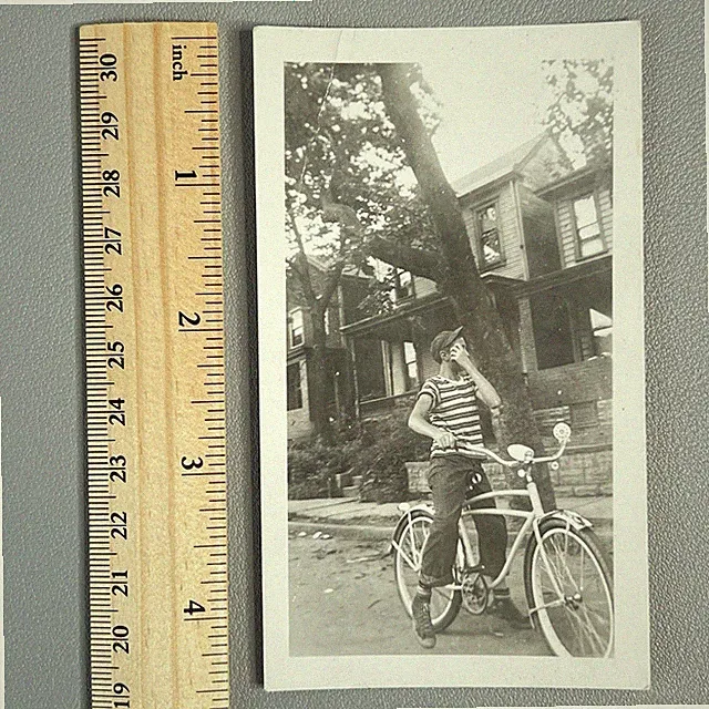 Vintage 1950s Photo Boy on Schwinn Cruiser Bicycle Striped Shirt Paperboy B&W