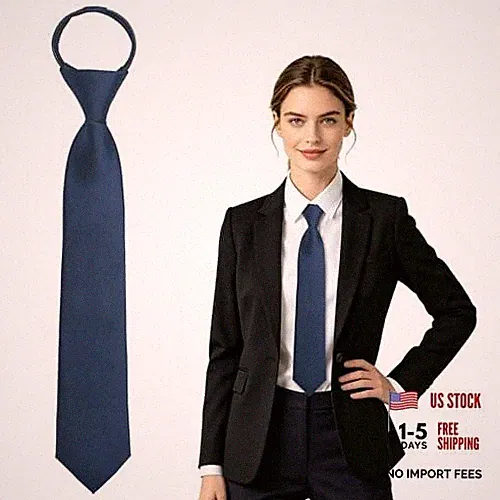 Womens Tie, Pre Tied Black Ties for Women, Adjustable Zipper Necktie Navy Blue