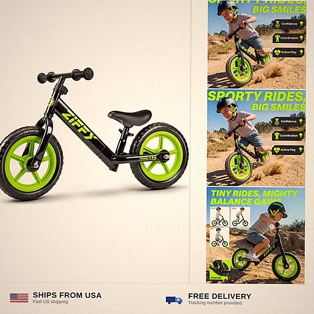 ZIFFY 12 Inch Toddler Balance Bike for 2-5 Years Old, No-Pedal Kids Balance B...
